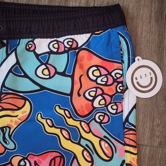 Neff Swim Trunks Shorts Mens Large Psychedelic Mushroom Print Drawstring Pocket - Picture 3 of 13